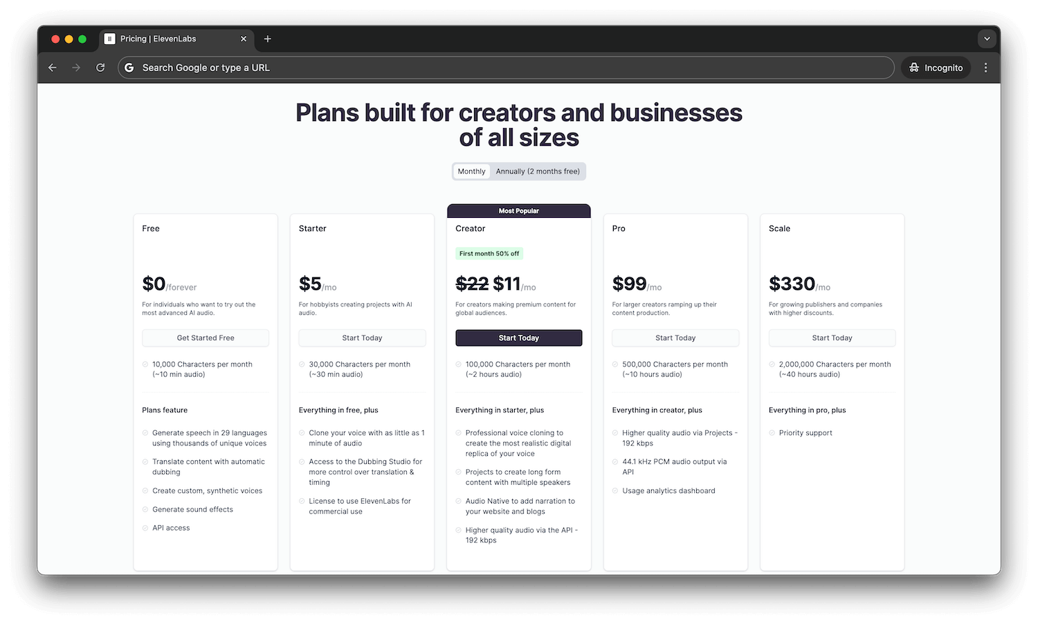 Elevenlabs pricing